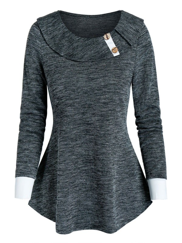 Mock Button Curved Hem Heathered Ribbed T-shirt