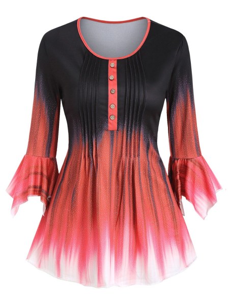 Mock Button Pintuck Dip Dye Bell Sleeve T Shirt