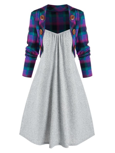 Mock Button Plaid Pattern Twofer Dress