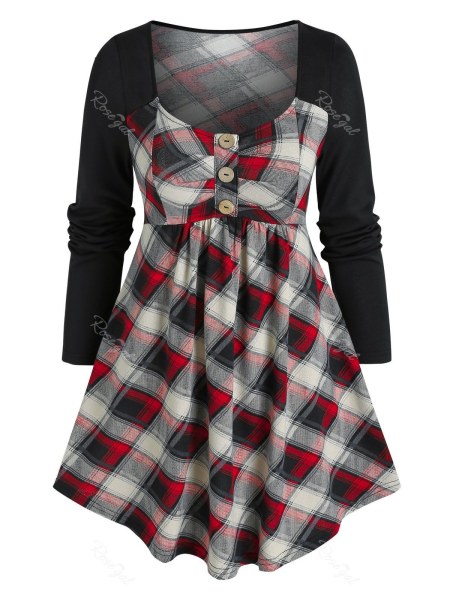 Mock Button Plaid Print Twofer T-shirt