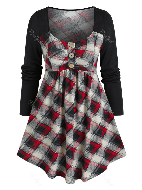 Mock Button Plaid Print Twofer T-shirt