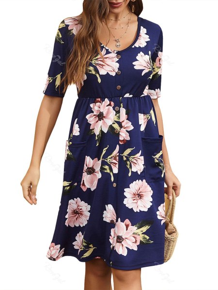 Mock Buttons Floral Printed Front Pocket Dress