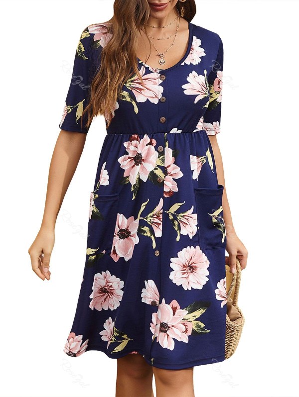 Mock Buttons Floral Printed Front Pocket Dress