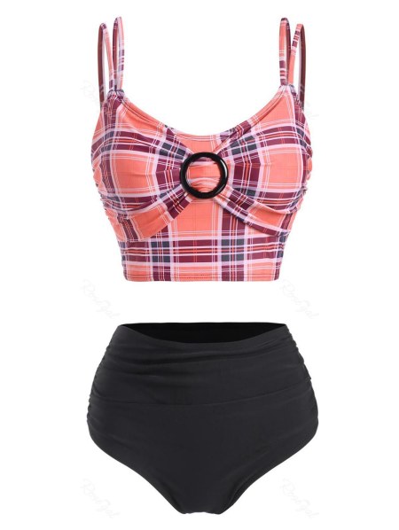O Ring Plaid Tummy Control Tankini Swimwear