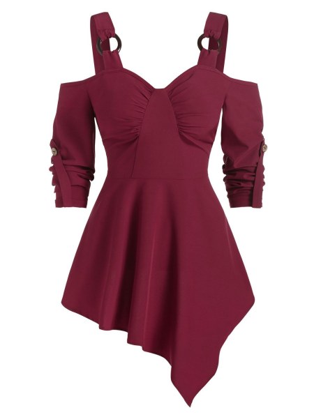 O-ring Strap Cold Shoulder Asymmetric Blouse