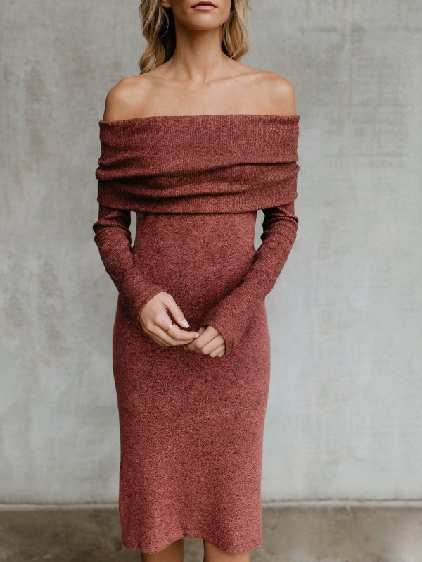 Off The Shoulder Back Slit Sweater Dress