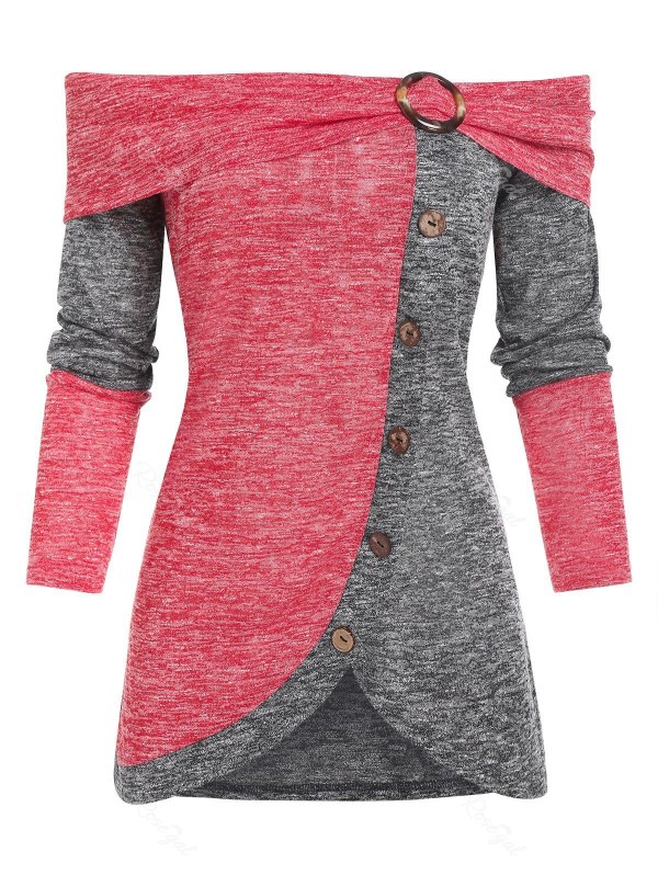 Off The Shoulder Contrast Heathered Mock Button T-shirt