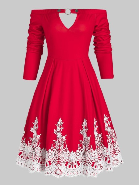 Off The Shoulder Keyhole Lace Insert Dress