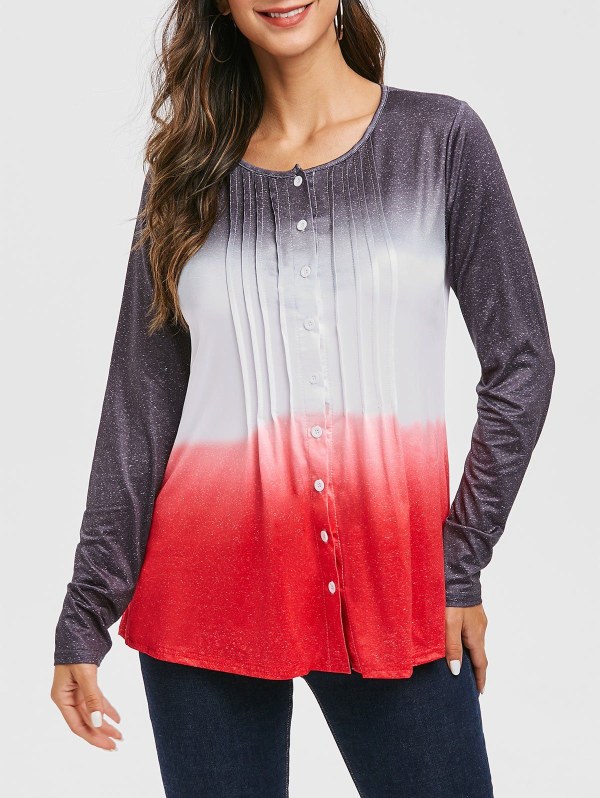 Ombre Pleated Button Up Long Sleeve Top