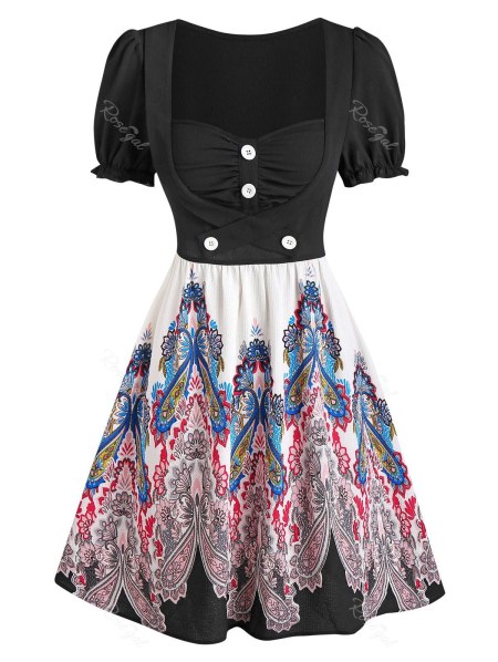 Paisley Printed Puff Sleeve A Line Dress