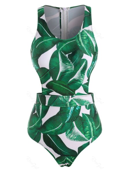 Palm Print Racerback Cutout Tie Back Zip One-piece Swimsuit