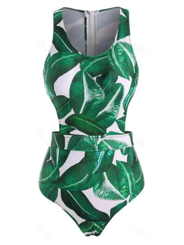 Palm Print Racerback Cutout Tie Back Zip One-piece Swimsuit