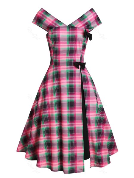 Plaid Double V Neck Bowknot A Line Dress