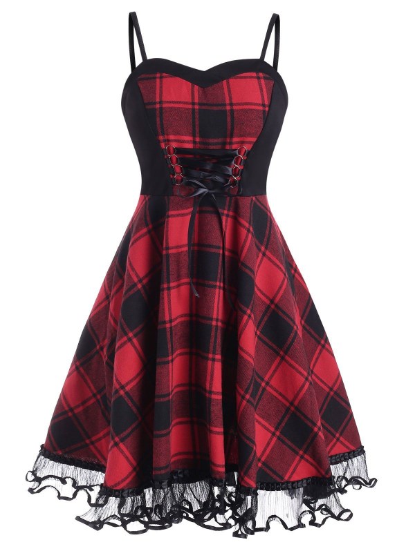 Plaid Lace-up Lace Panel Cami Dress