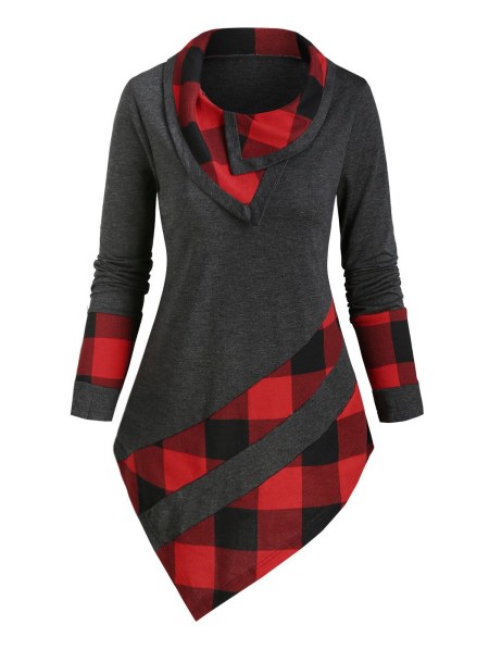 Plaid Panel Asymmetric Cowl Neck Top
