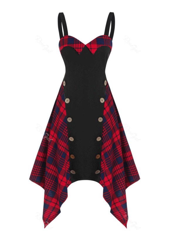 Plaid Panel Mock Button Asymmetrical Cami Dress