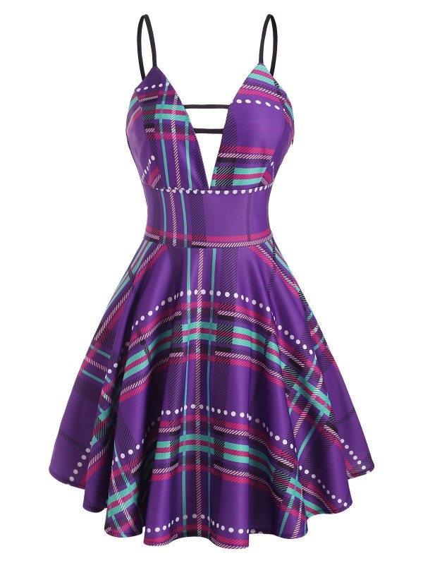 Plaid Plunge Front Ladder Cut Mini Dress