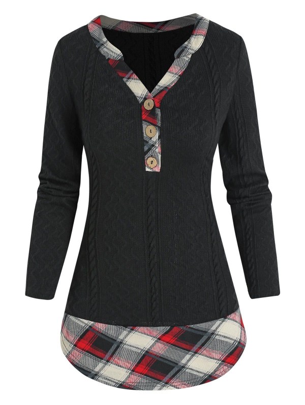 Plaid Print Faux Twinset Henley Sweater