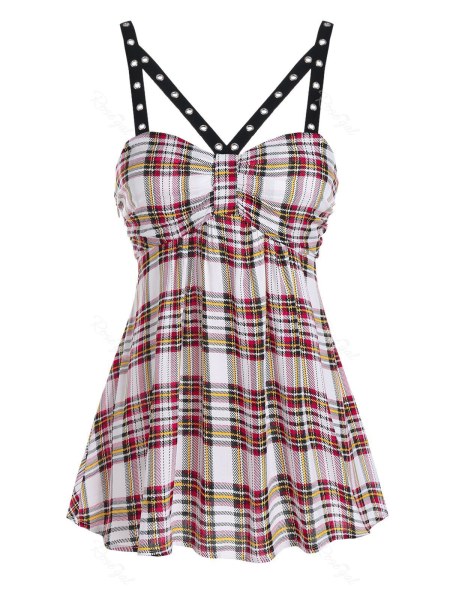 Plaid Print Grommet Flare Tank Top