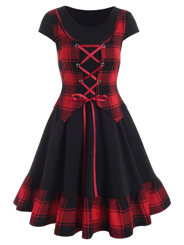 Plaid Print Lace-up Flounce Hem Twofer Dress