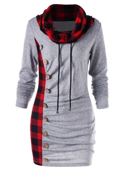 Plaid Trim Cowl Neck Tunic Sweatshirt Dress