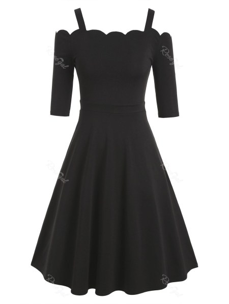 Plain Cold Shoulder Scalloped Trim A Line Dress