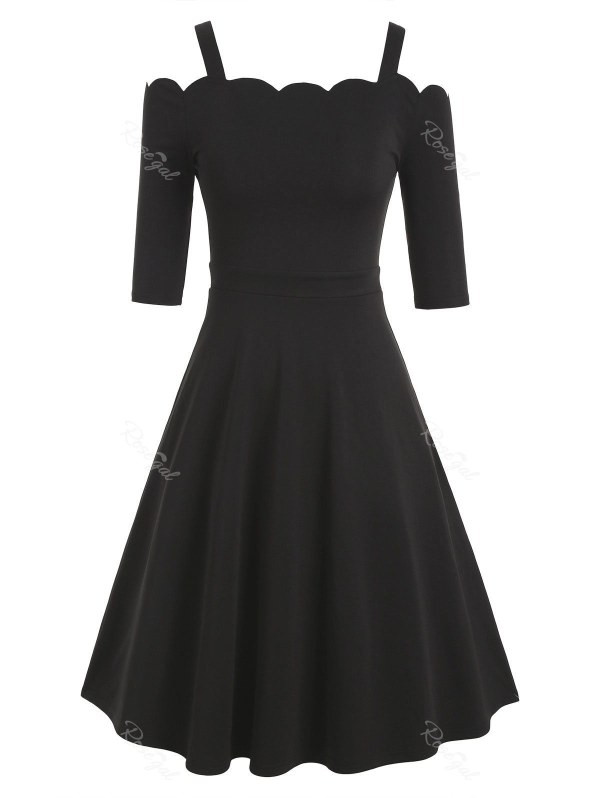 Plain Cold Shoulder Scalloped Trim A Line Dress