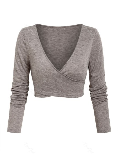 Plunge Neck Crossover Cropped Heathered T-shirt