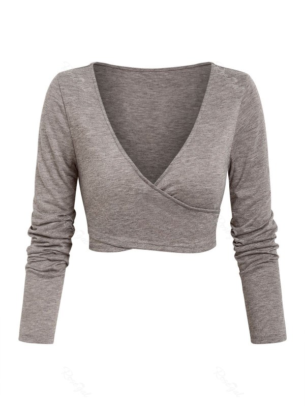 Plunge Neck Crossover Cropped Heathered T-shirt