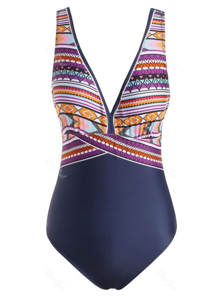 Plunge Tribal Aztec Print High Leg One-piece Swimsuit