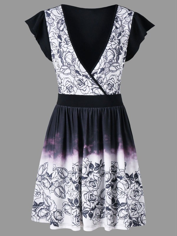 Plunging Neckline Ombre Color Printed Dress