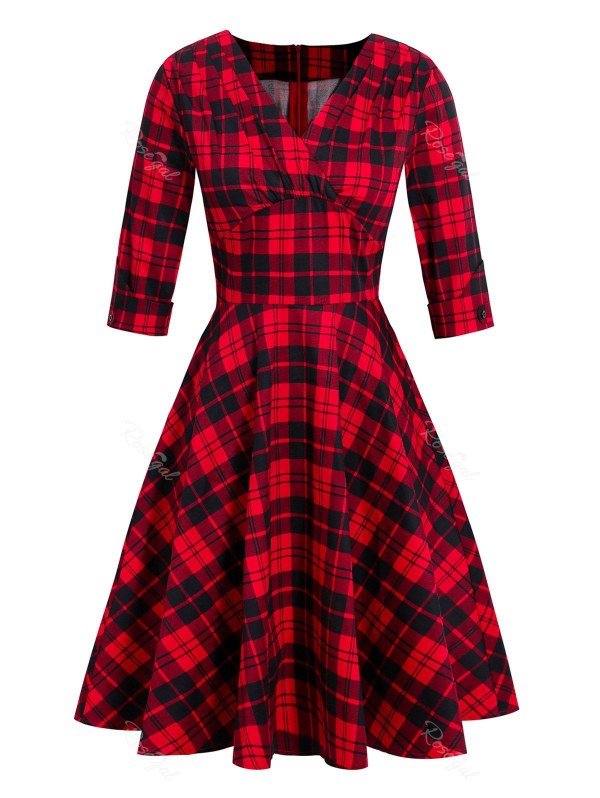 Plunging Plaid Empire Waist Vintage Dress
