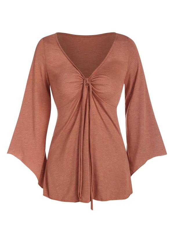Pure Color Tied V Neck Flare Sleeve T Shirt