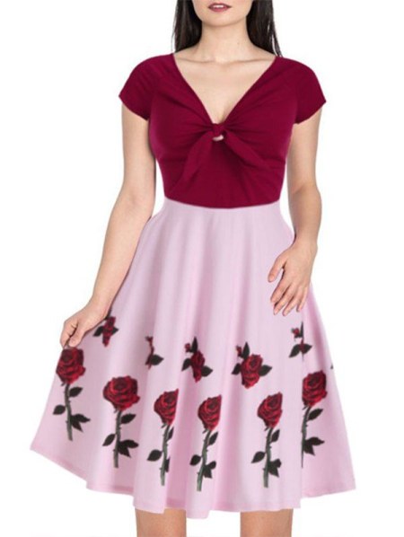 Raglan Sleeve Rose Flower Print Contrast Dress