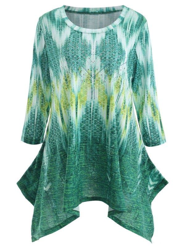 Rhinestone Embellished Print Handkerchief T-shirt