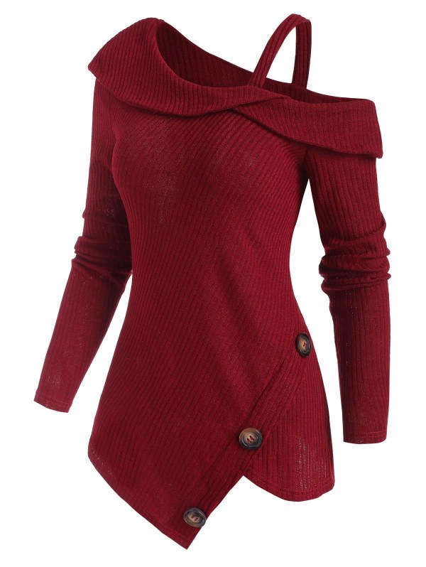 Ribbed Buttoned Open Shoulder Asymmetrical Knitwear