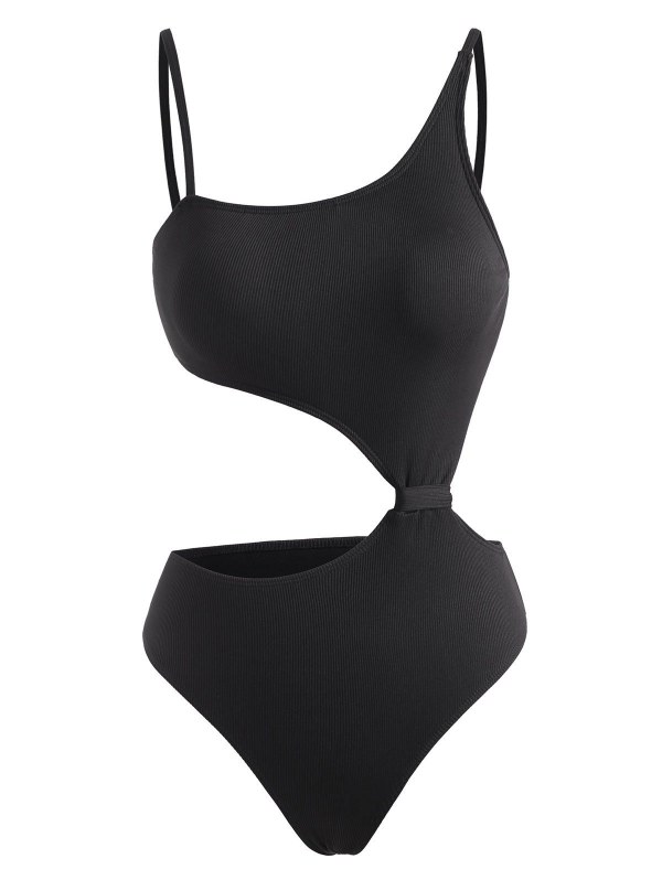 Ribbed Cutout Skew Collar One-piece Swimsuit