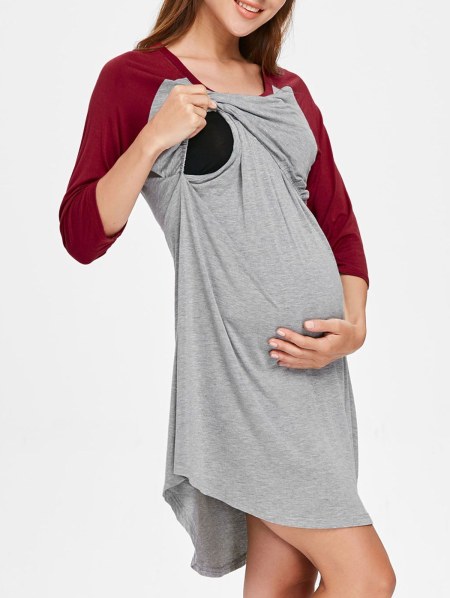 Round Collar Color Block Maternity Sleep Dress