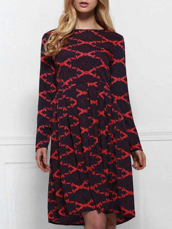 Round Neck Printed Long Sleeve A Line Dress
