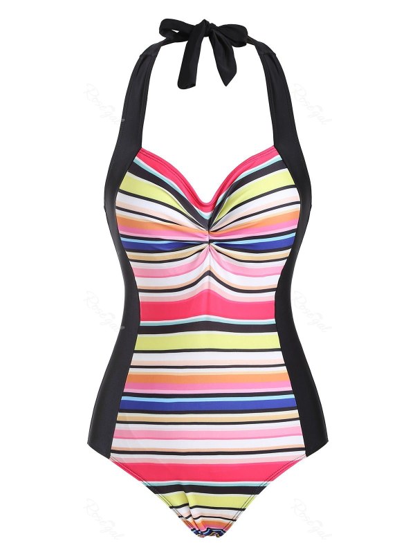 Ruched Halter Rainbow Backless One-piece Swimsuit