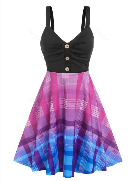 Ruched Ombre Color Plaid Dress