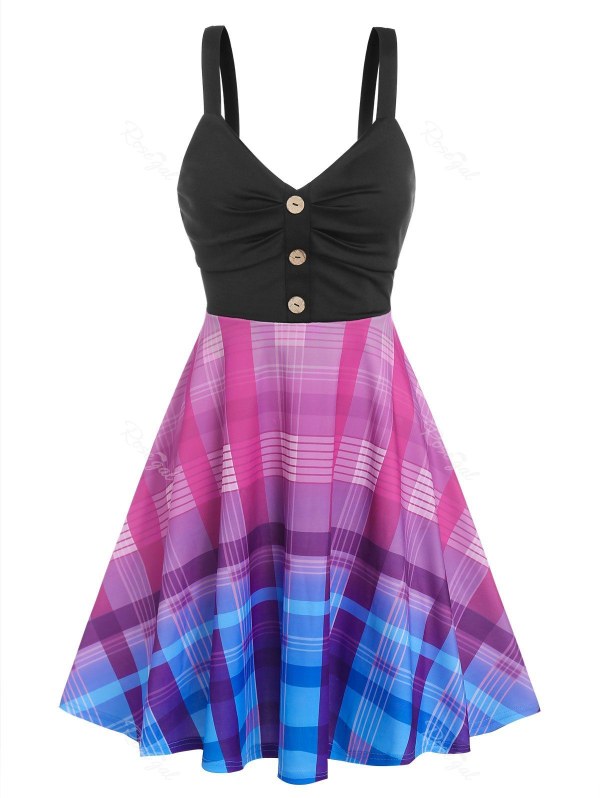 Ruched Ombre Color Plaid Dress