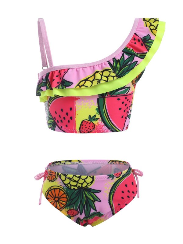 Ruffle Fruit Print Tie Side Girls Bikini Swimwear