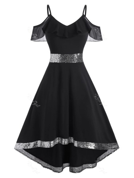 Ruffle Sequins Cold Shoulder High Low Dress