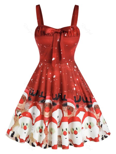 Santa Printed Bowknot Pleated Flare Dress