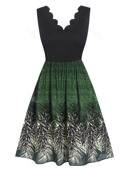 Scalloped Leaf Print Sleeveless Flare Dress