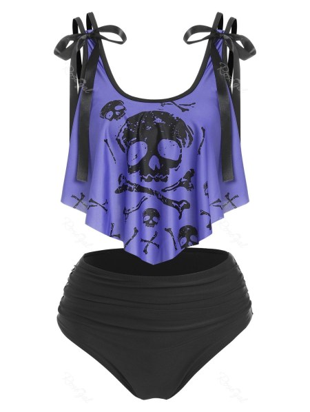 Skull Print Bowknot Padded Tankini Set