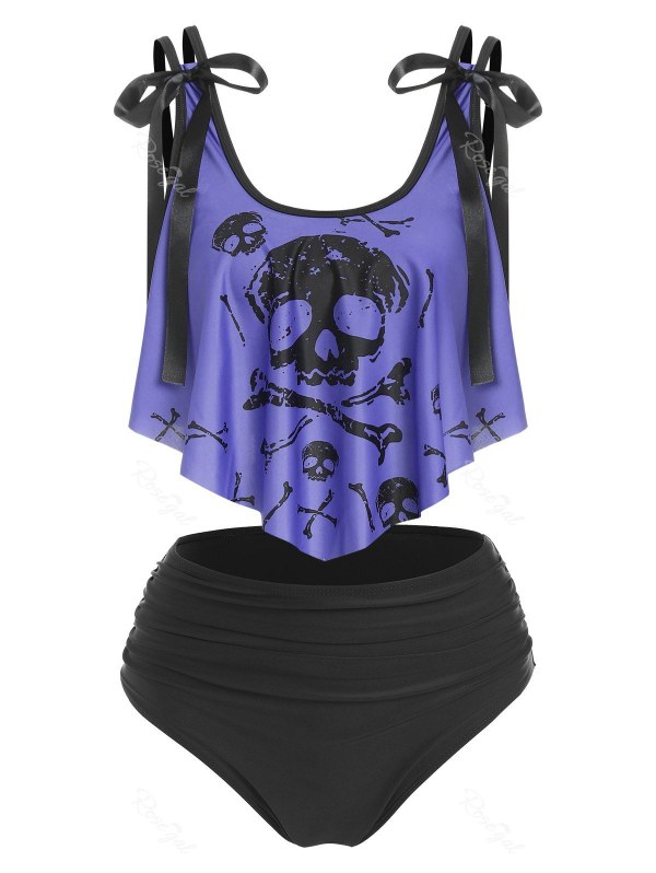 Skull Print Bowknot Padded Tankini Set