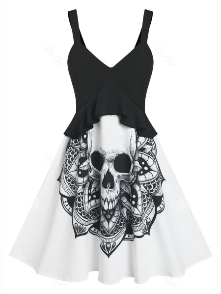 Skull Print Halloween Flounces Sleeveless Dress