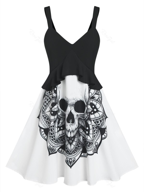 Skull Print Halloween Flounces Sleeveless Dress